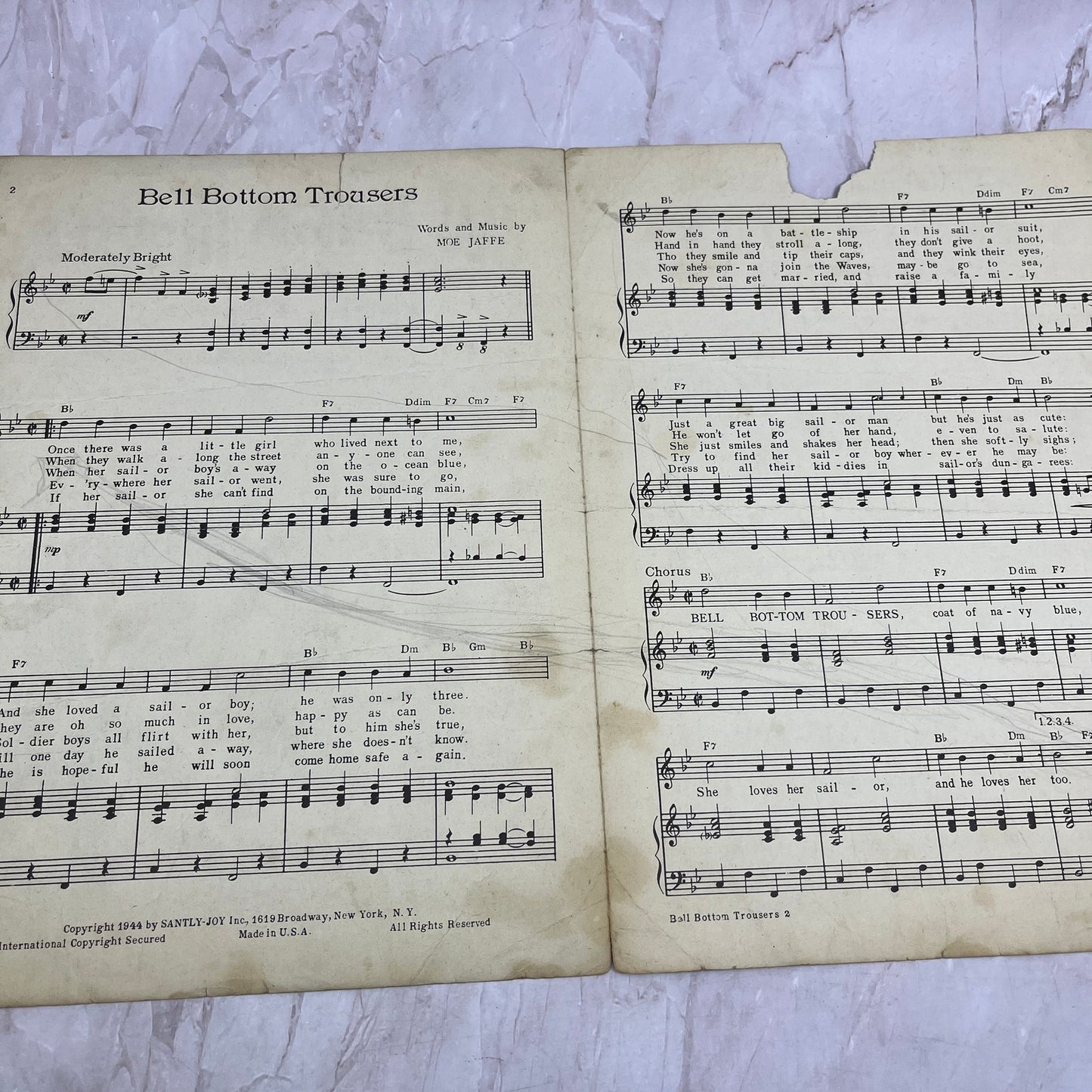 1944 Bell Bottom Trousers Moe Jaffe Navy WWII Antique Sheet Music Ti5