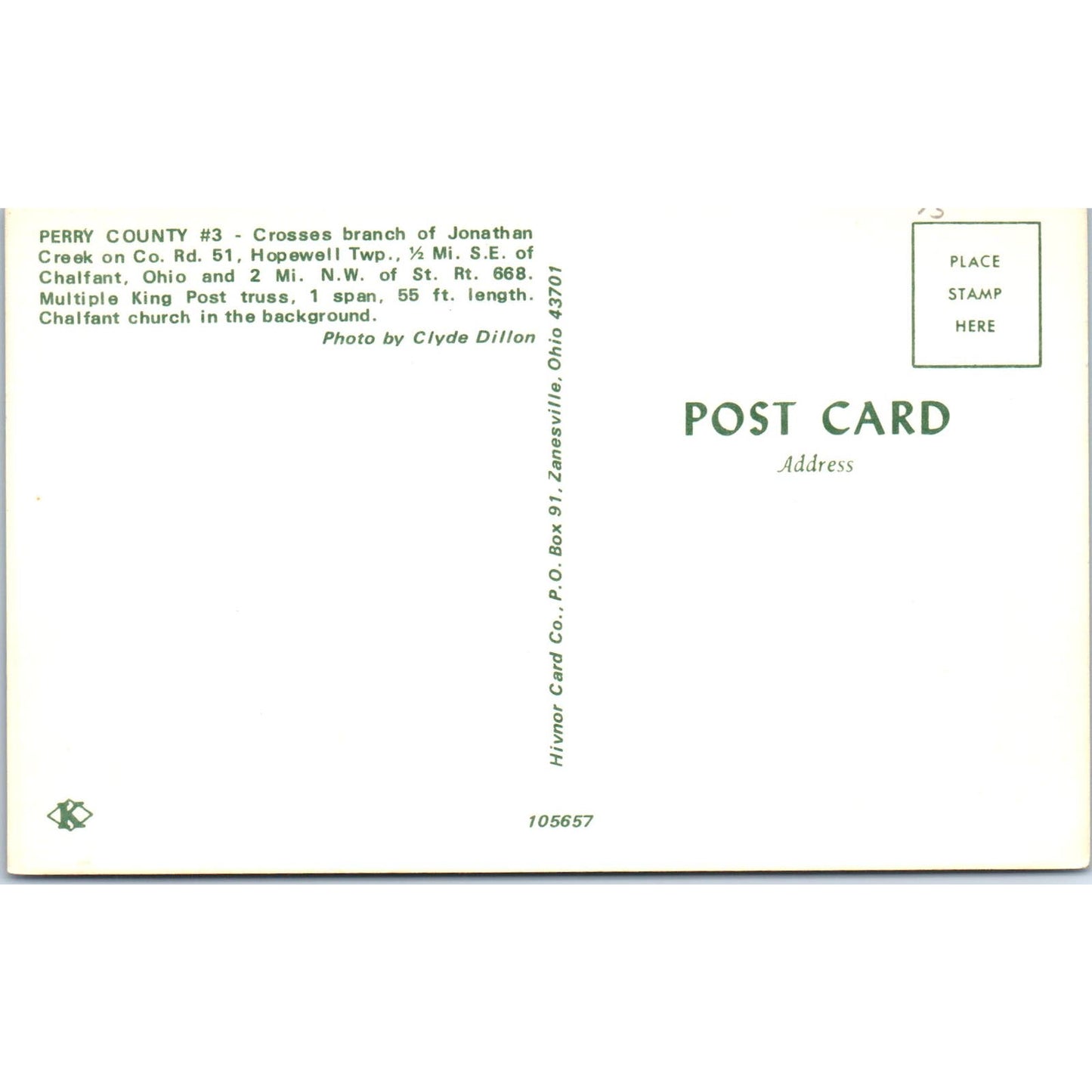 Perry County #3 Jonathan Creek Hopewell Twp Ohio Covered Bridge Postcard PC2