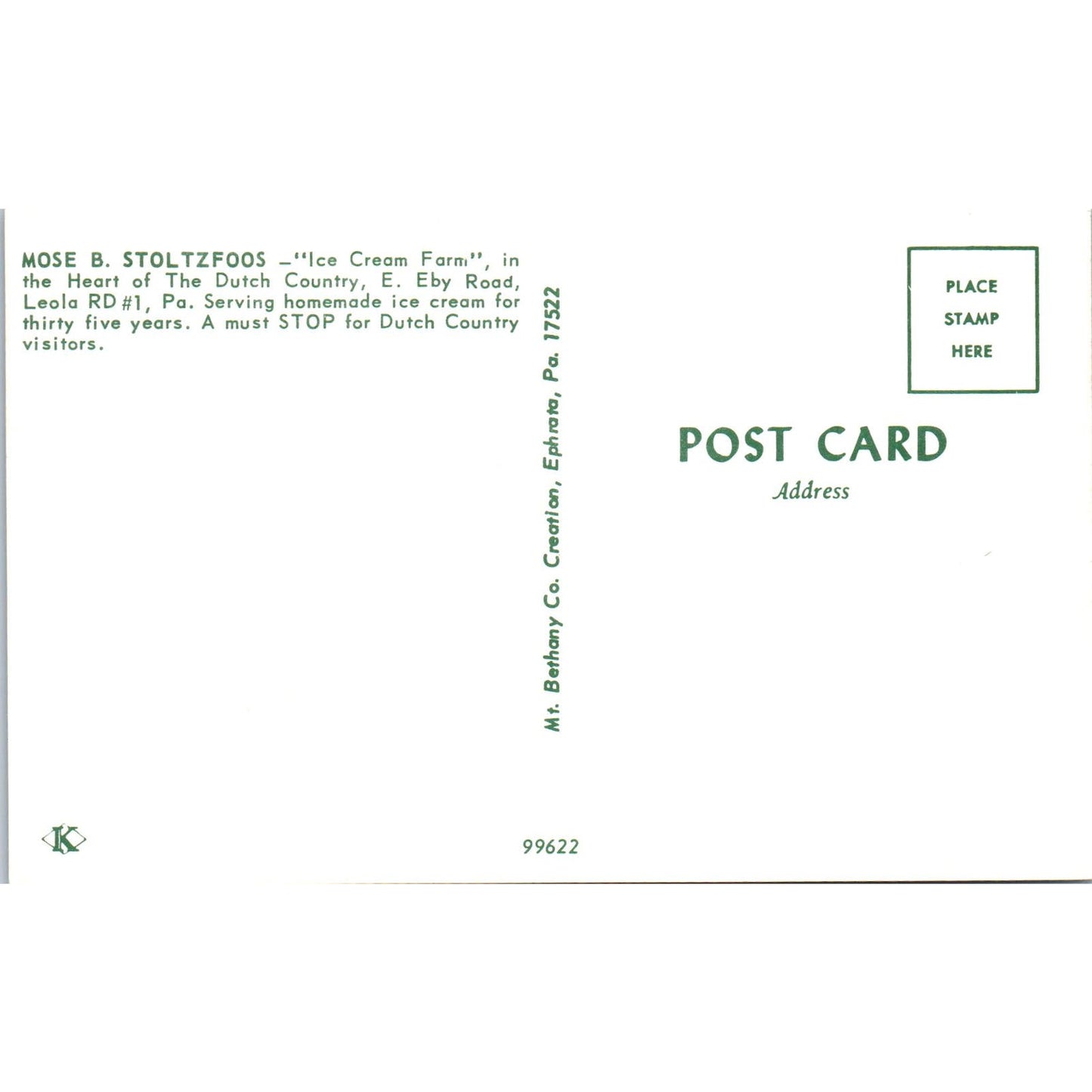 Mose B. Stoltzfoos Ice Cream Farm Pennsylvania Dutch Country Postcard PD8