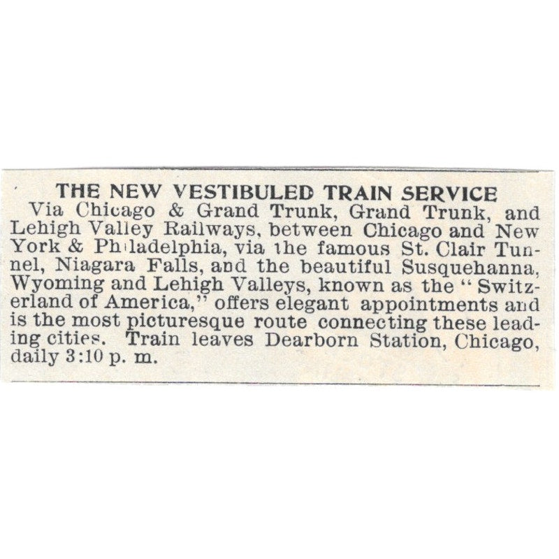 Vestibuled Train Service Chicago & Grand Trunk Lehigh Valley Ry 1894 Ad AB6-S7