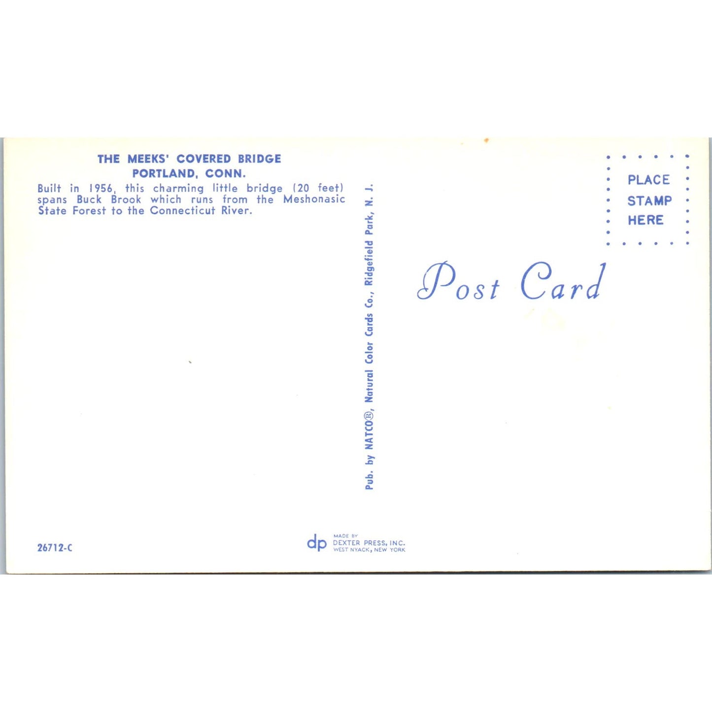 Meeks Covered Bridge Portland CT Buck Brook Vintage Covered Bridge Postcard PC12