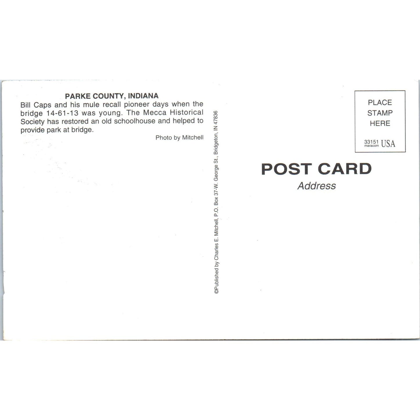 Parke County 14-61-13 Indiana Vintage Covered Bridge Postcard PC15