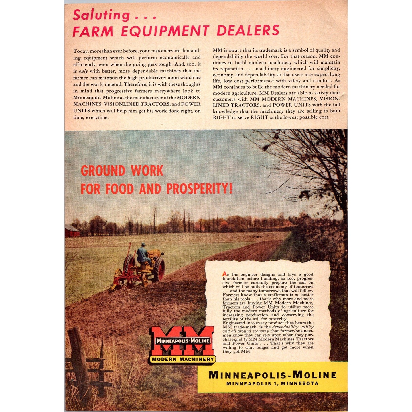 1949 Minneapolis-Moline Modern Machinery Farm Equipment 2 Page Ad I16
