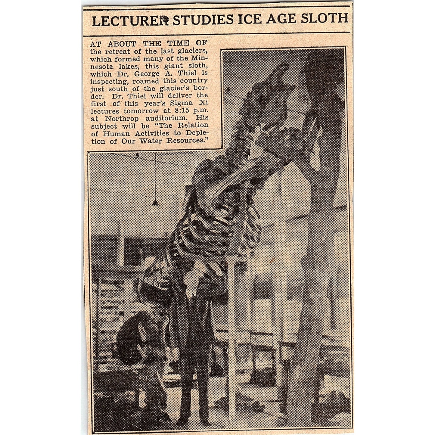 Dr. George A. Thiel Studies Ice Age Sloth 1935 Newspaper Article AG6-H2