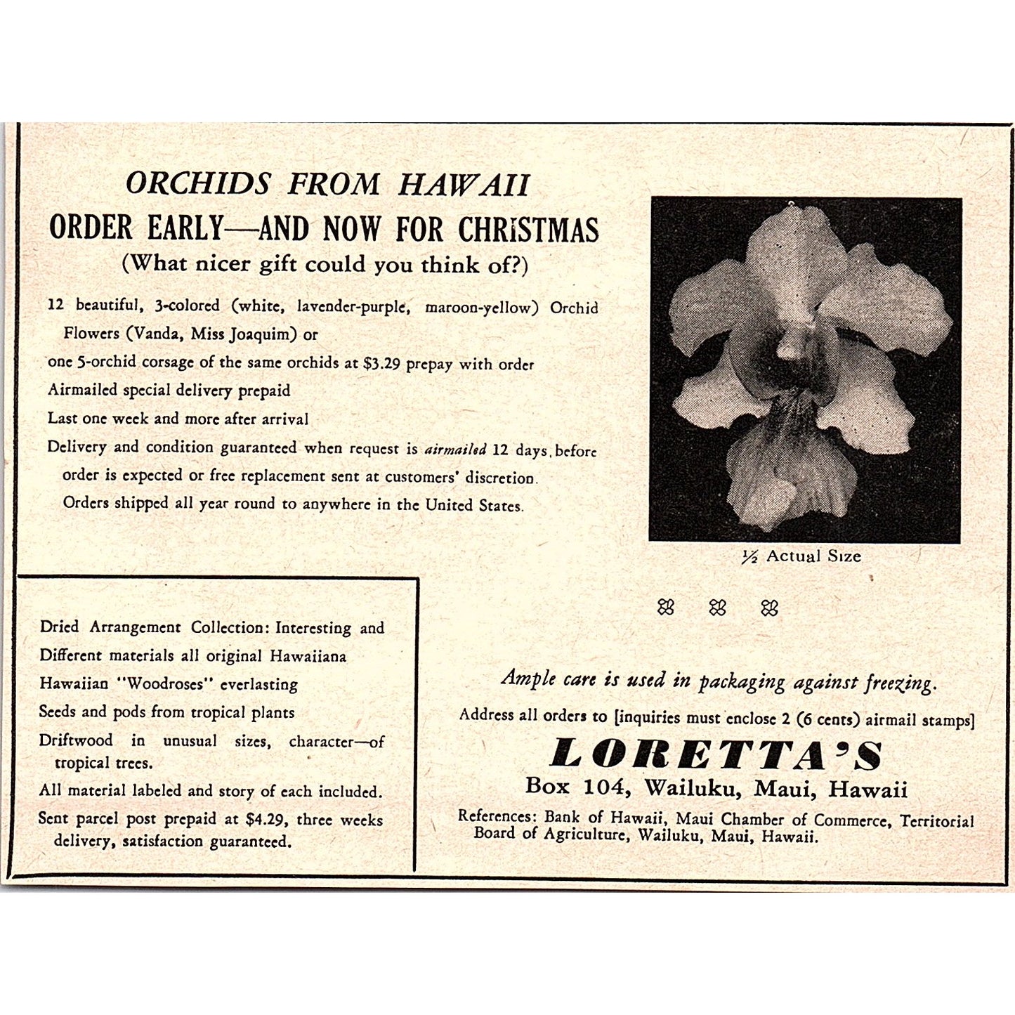 Loretta's Orchids from Hawaii Maui HI 1952 Yankee Magazine Ad SAG5-H8