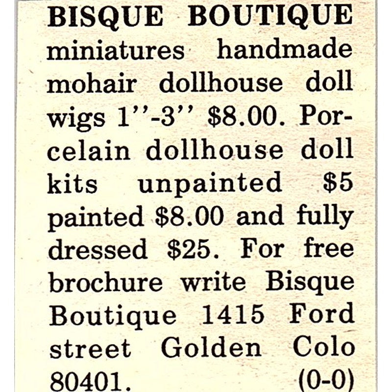 Bisque Boutique Dolls, Miniatures Golden Colorado 1984 Ad AF9-S1