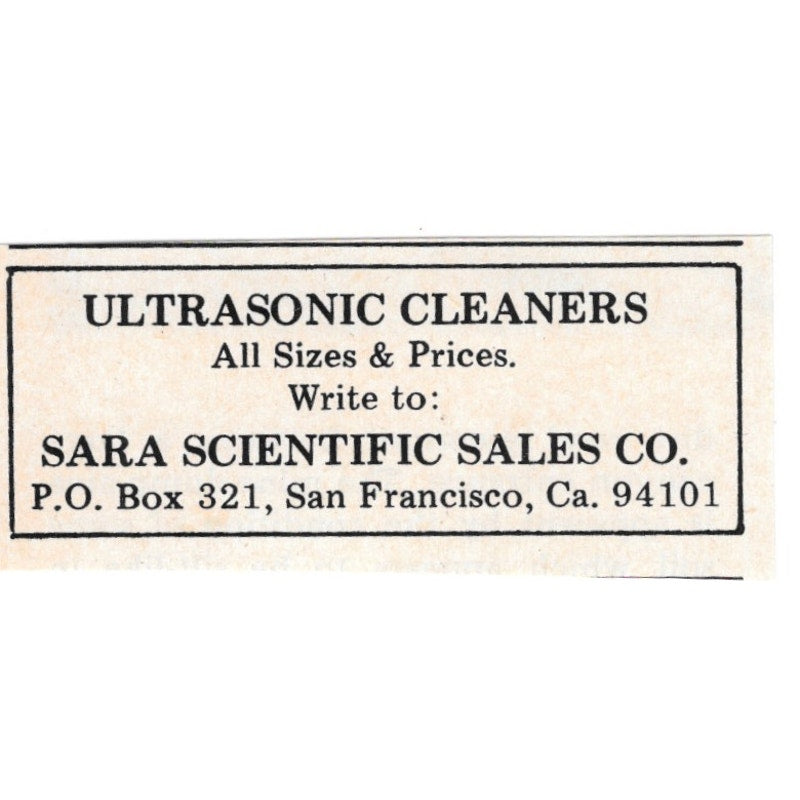 Ultrasonic Cleaners Sara Scientific Sales Co San Francisco CA 1971 Ad AD8-O3