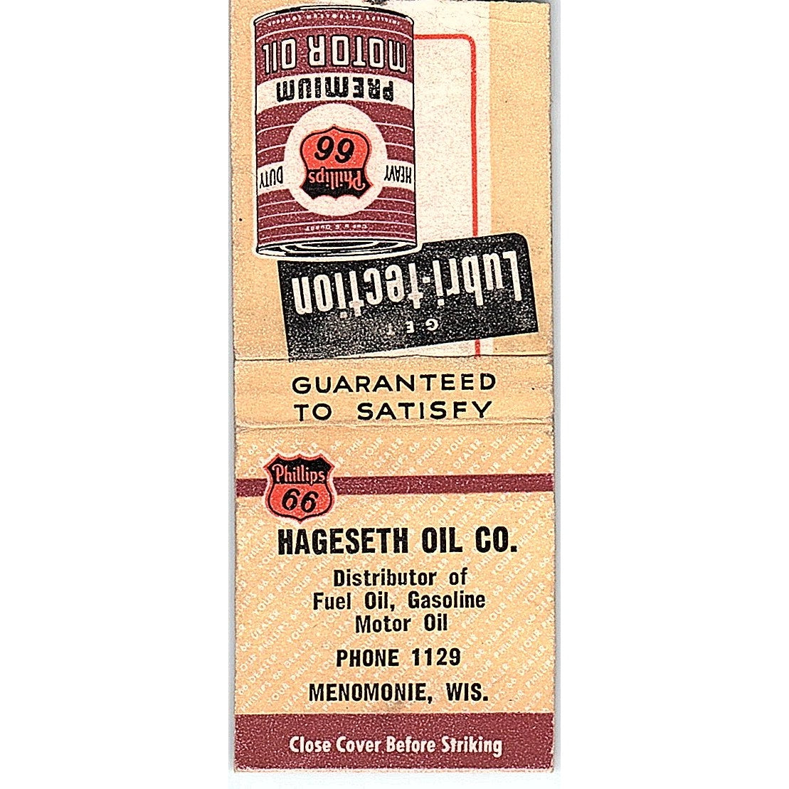 Hagseth Oil Co Phillips 66 Menomonie WI Vintage Matchbook Cover SC7-Y2