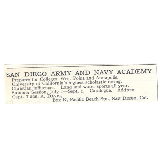 San Diego Army & Navy Academy Thomas A Davis CA 1924 Magazine Ad AD8-O9