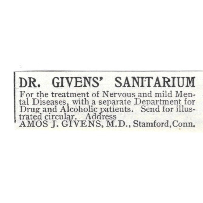 Dr. Givens' Sanitarium Amos J. Givens MD Stamford CT 1903 Ad AF8-S38