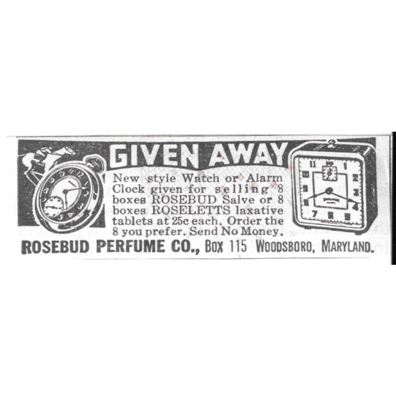 Rosebud Perfume Co. New Style Watch or Alarm Clock Woodsboro MD 1936 Ad SAG4-S12
