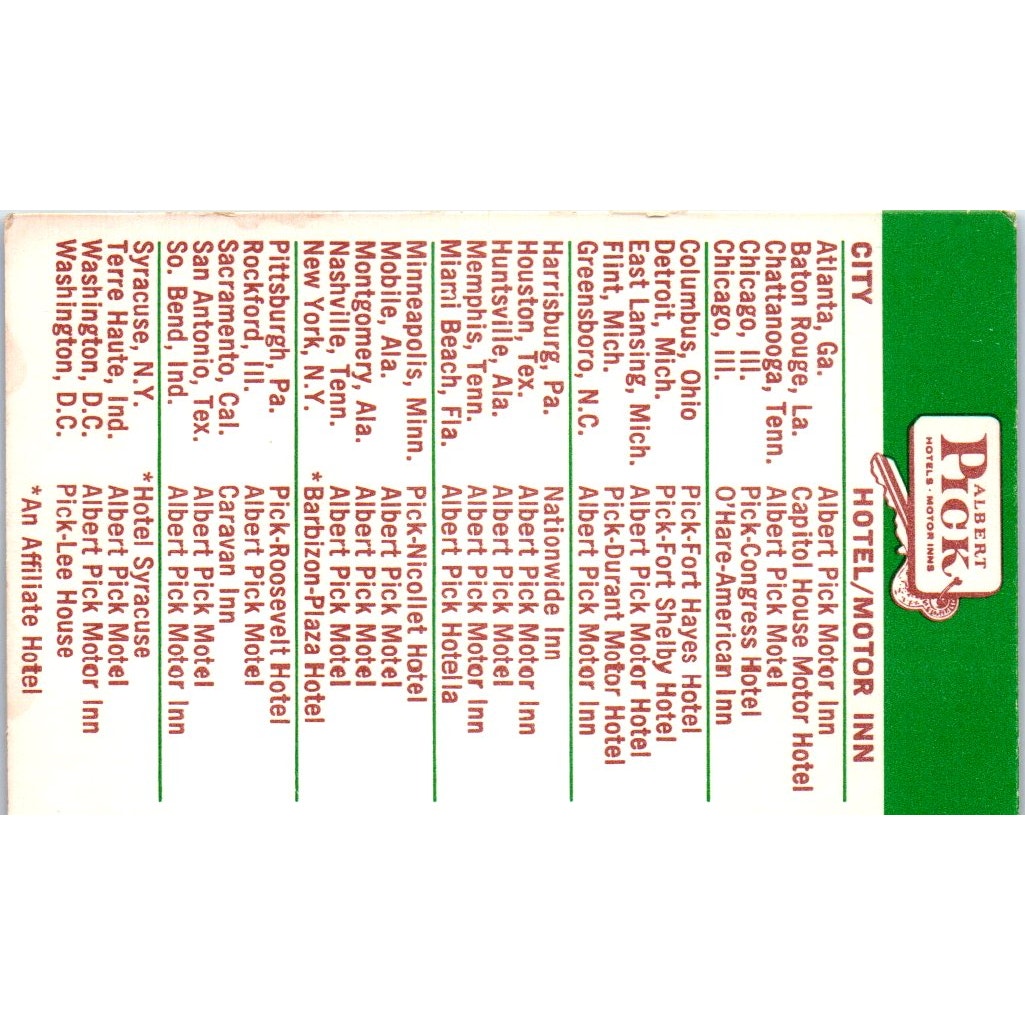 Albert Pick Hotels Motor Inns Memphis TN Vintage Business Card SD8-B22