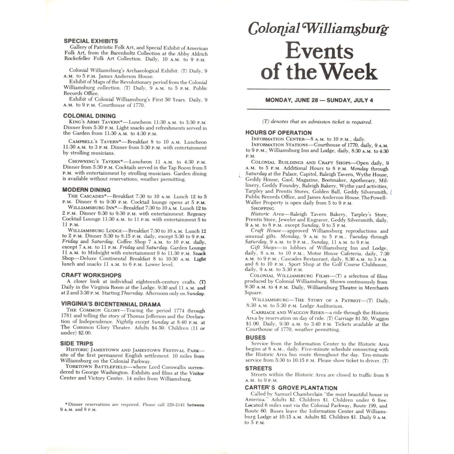 1776 Bicentennial Colonial Williamsburg Events of the Week Pamphlet TF4-BD