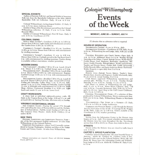 1776 Bicentennial Colonial Williamsburg Events of the Week Pamphlet TF4-BD