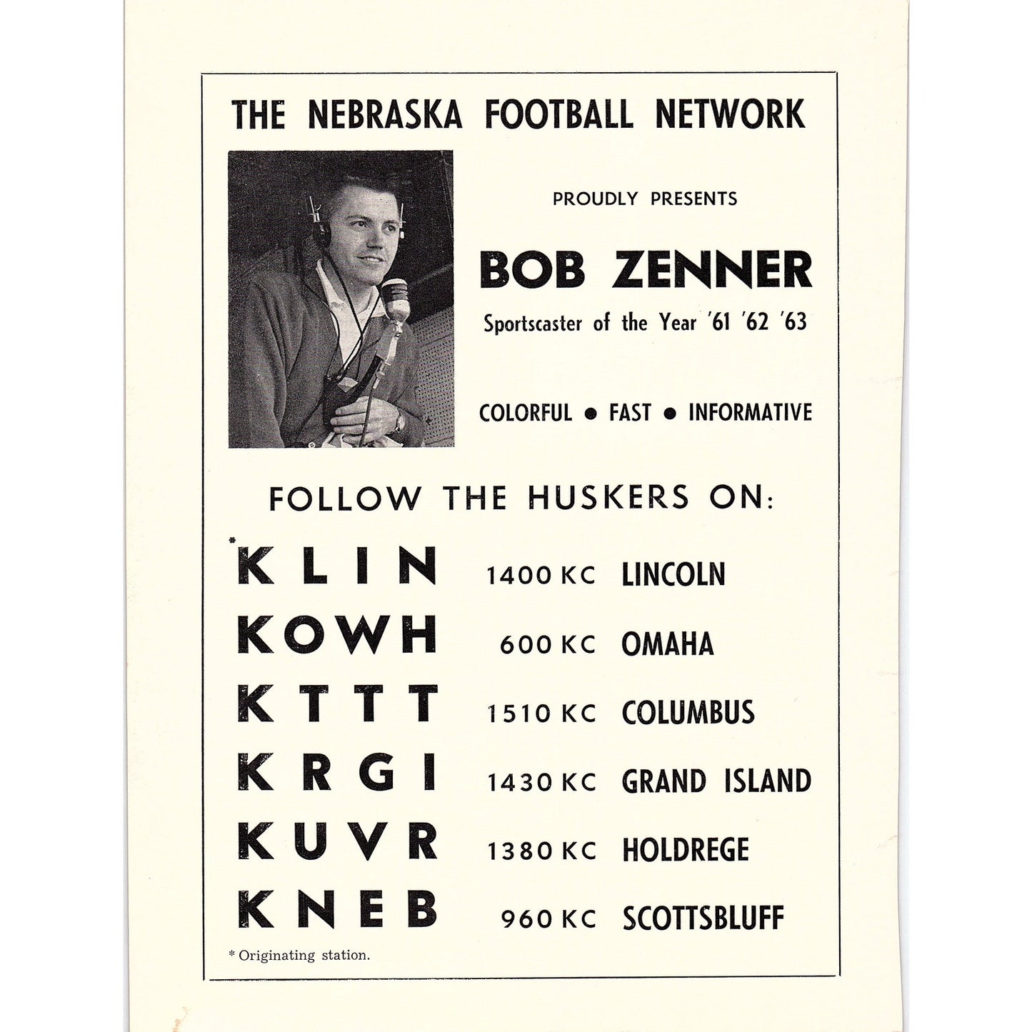 1964 Nebraska Football Network Bob Zenner Sportscaster KLIN KOWH AG7-3