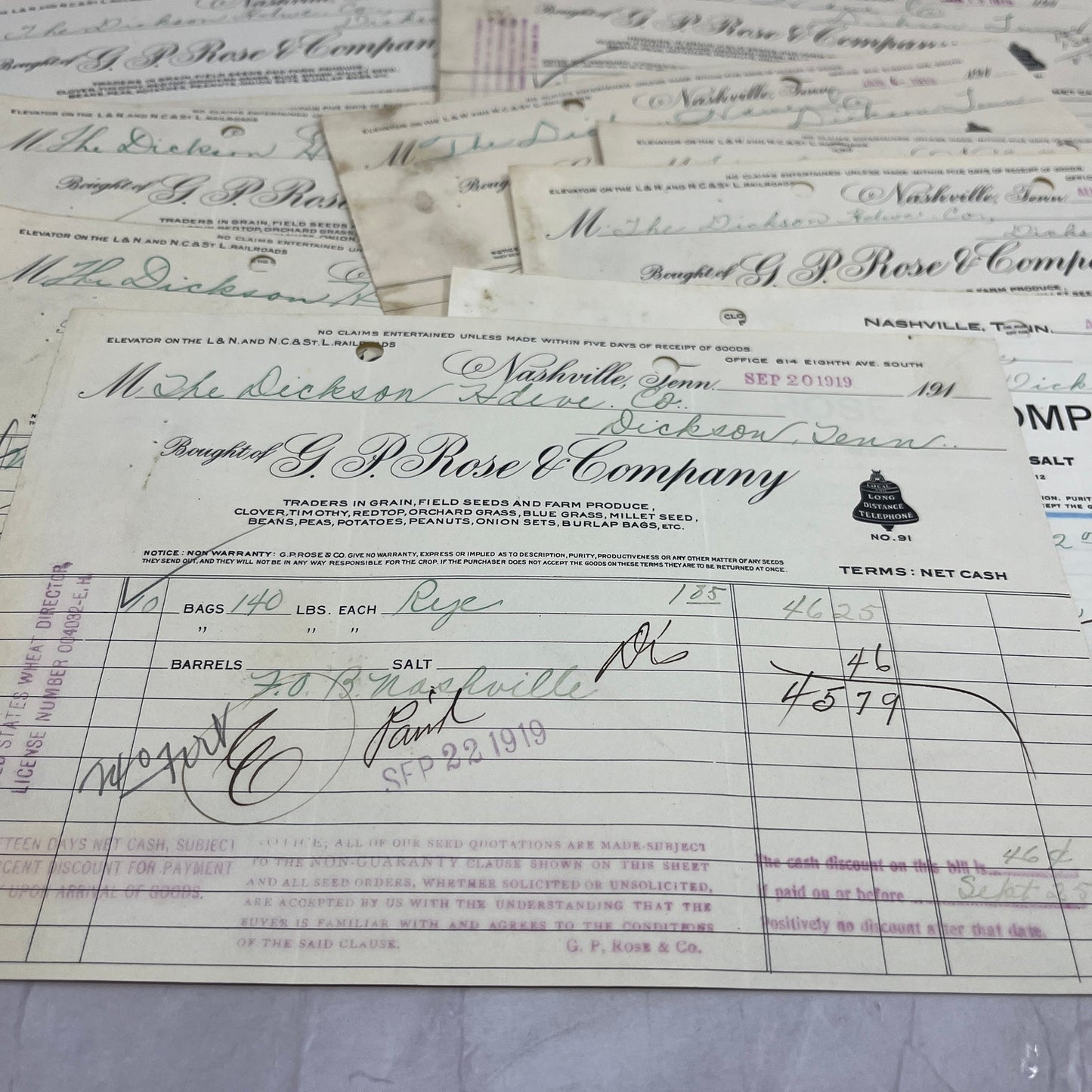 c1919 G.P. Rose Company Nashville Tennessee Billhead Invoice Lot TC5-RD