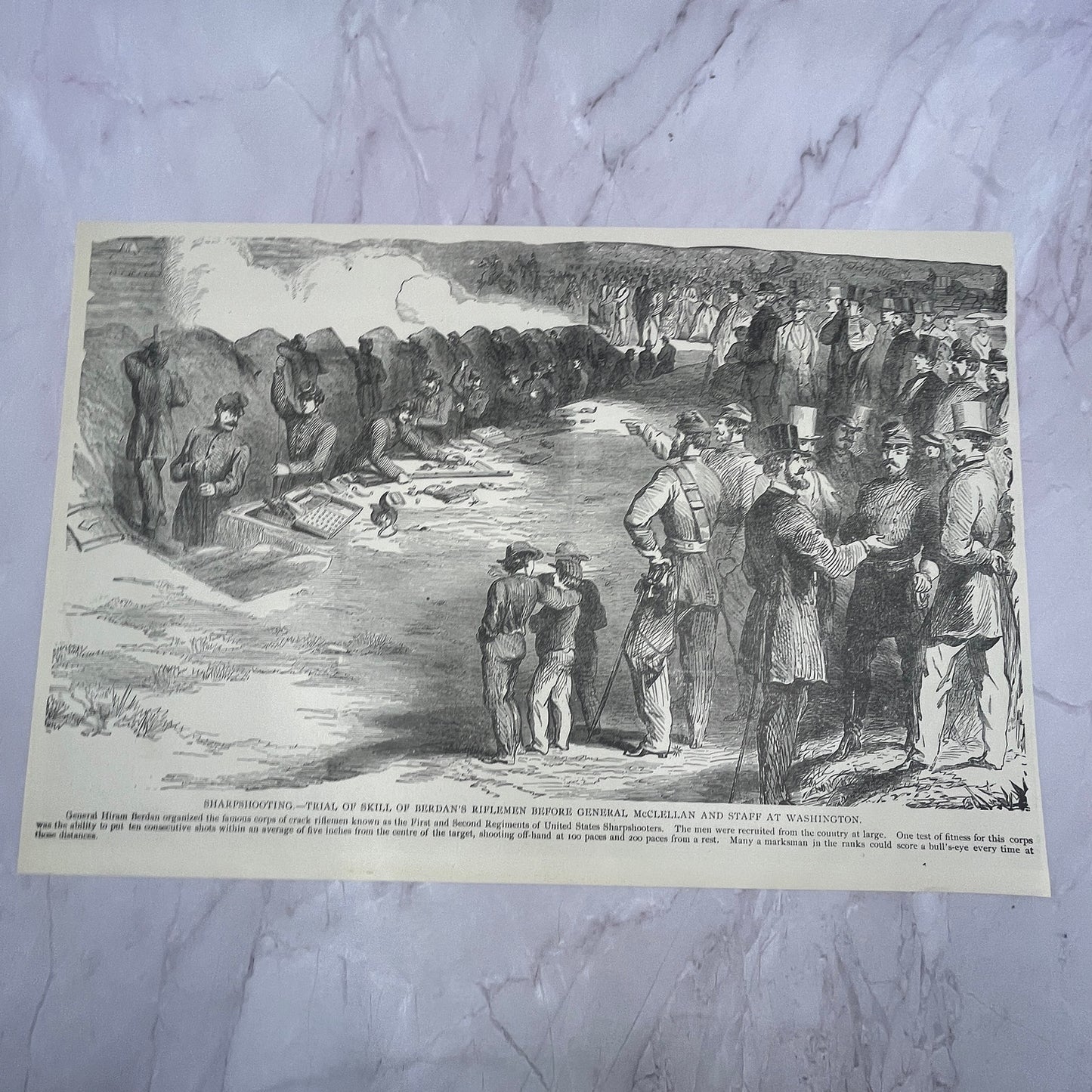 Berdan's Riflemen Before Gen McClellan, Savannah GA Scene 1890s Engraving V14-6