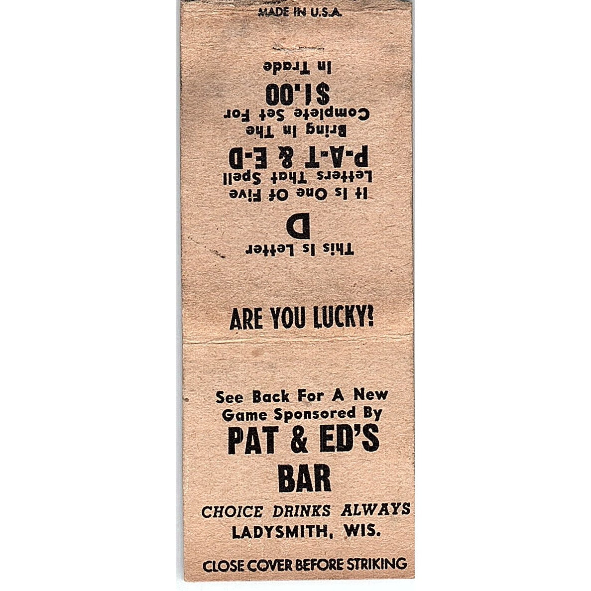 Pat & Ed's Bar Ladysmith WI Vintage Matchbook Cover SF3-Y8