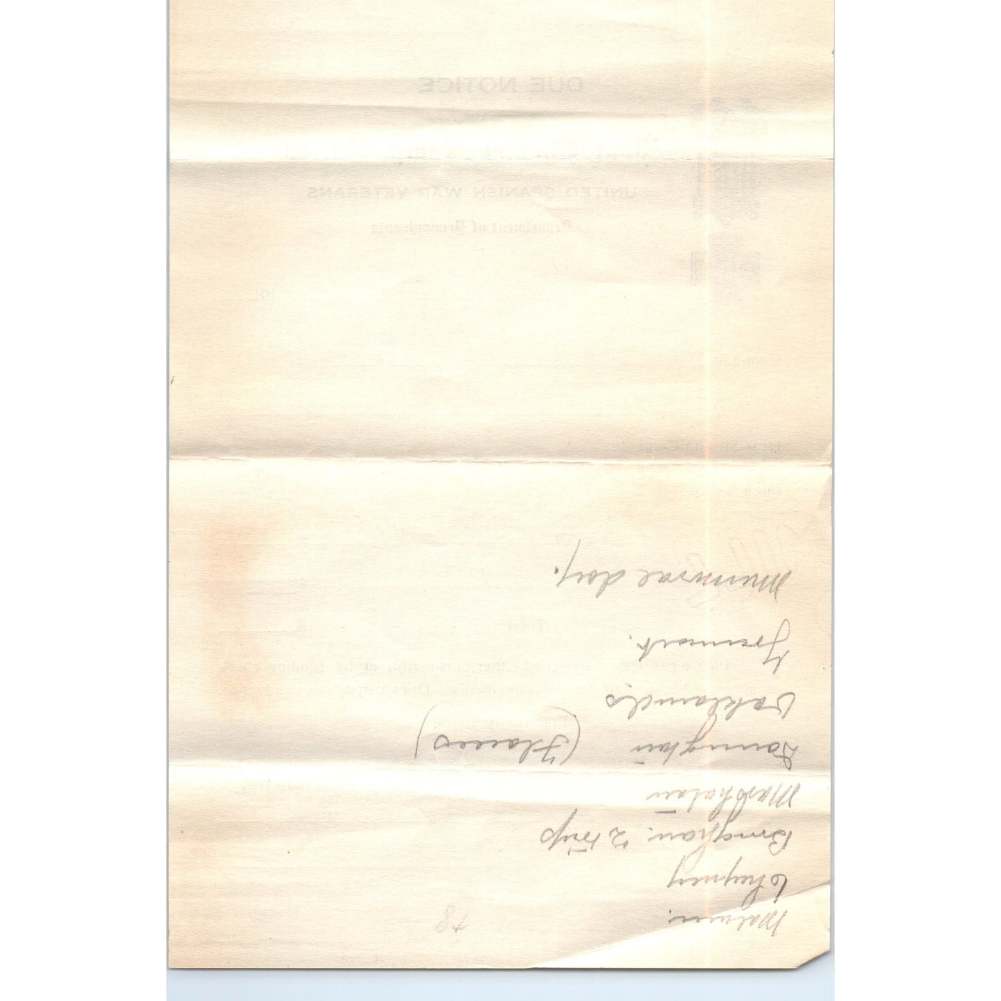 Antique United Spanish War Veterans West Chester Camp 49 Blank Due Notice D18
