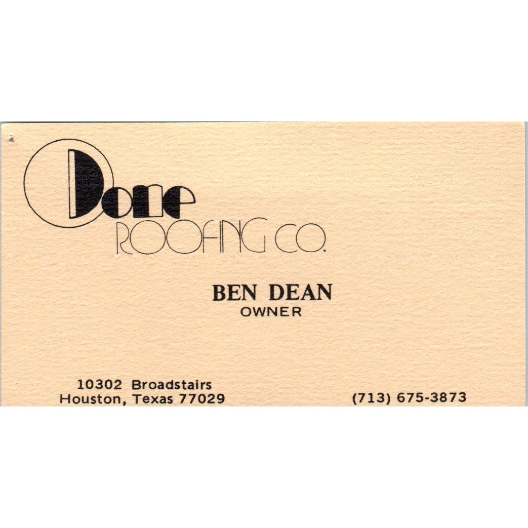 Done Roofing Co Ben Dean Houston TX Vintage Business Card SD8-B14