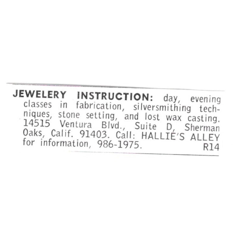 Hallie's Alley Jewelry Instruction Sherman Oaks California 1972 Ad AF8-S8