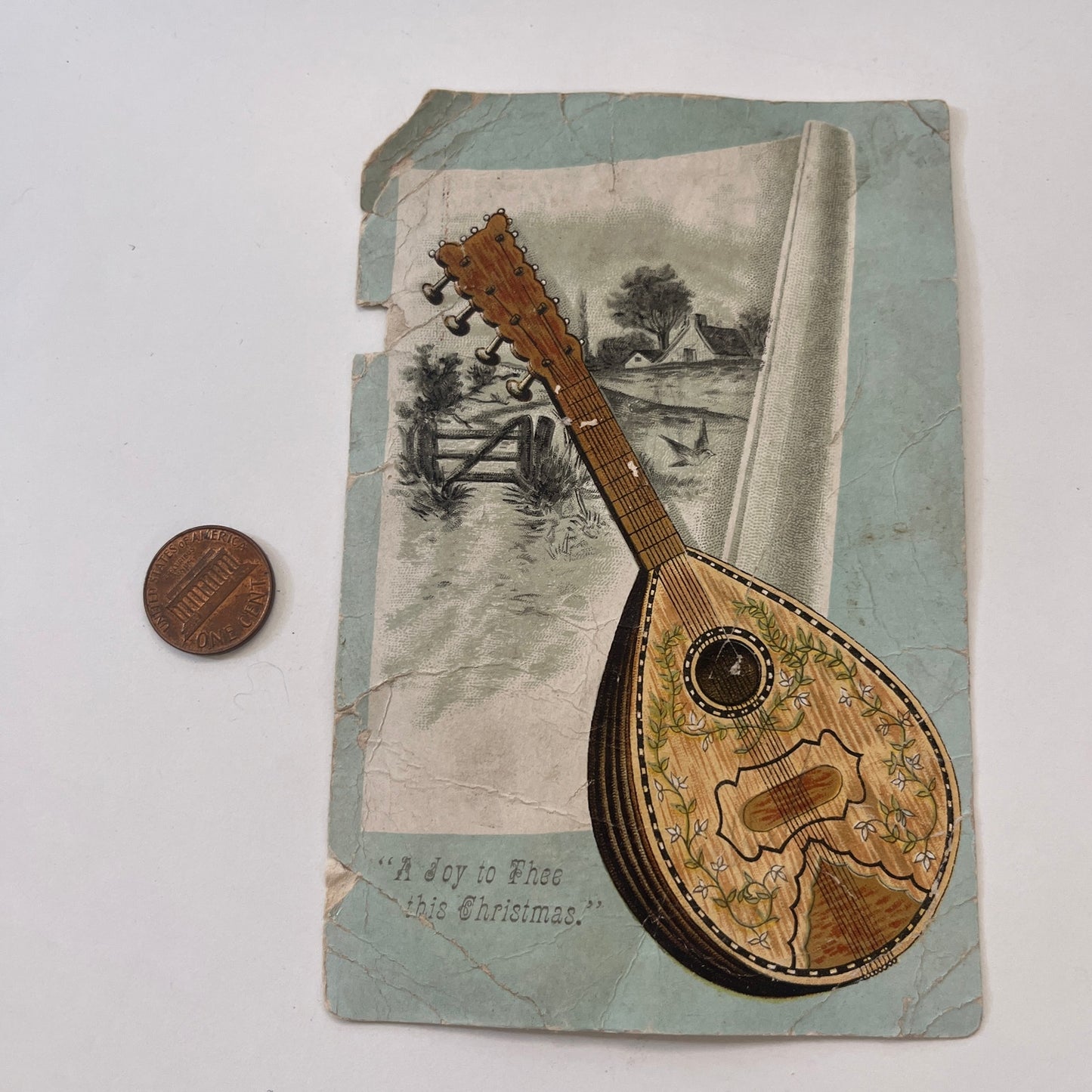 A Joy To Thee This Christmas Mandolin Lute 1880s Victorian Trade Card AG8-H4