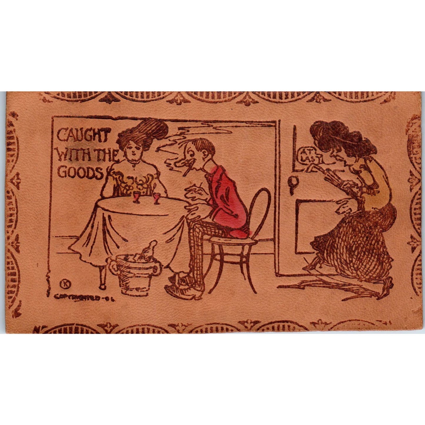 c1906 Man Cheating on Wife Humor Original Leather Postcard AE2
