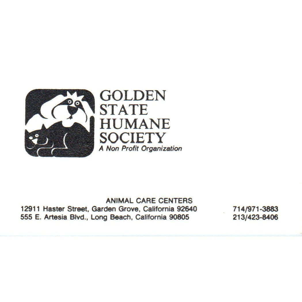 Golden State Humane Society Garden Grove Long Beach CA Vtg Business Card SD8-B15