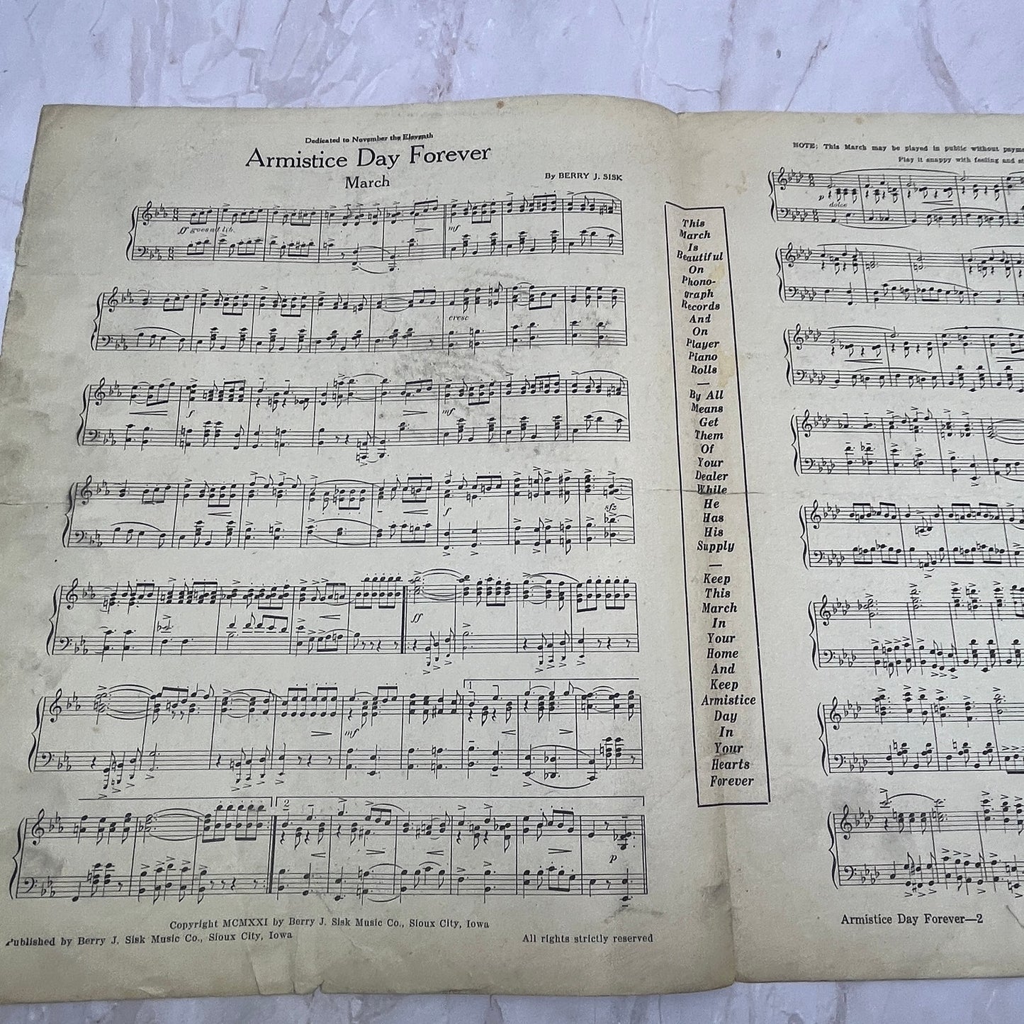 1921 WWI Armistice Day Forever March Sousa Antique Sheet Music Ti5