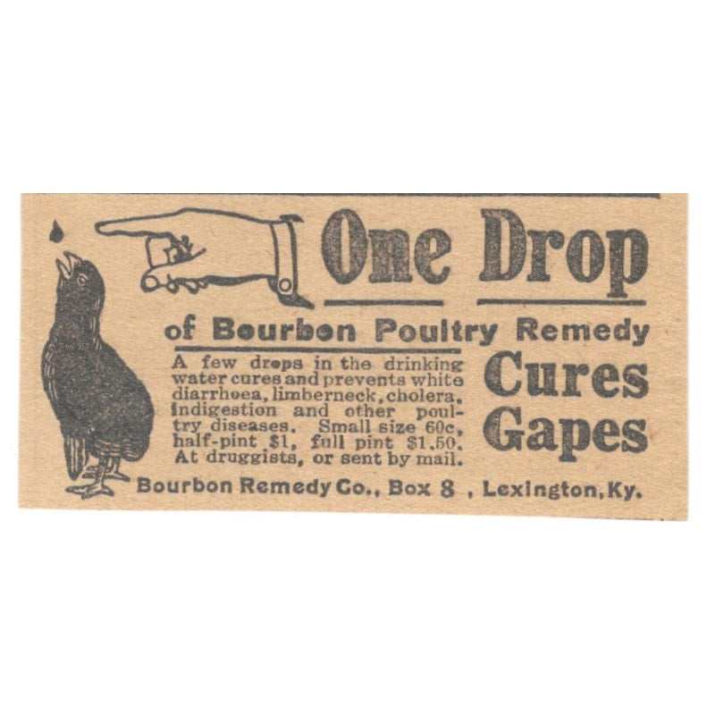 Bourbon Remedy Co One Drop Gapes Cure Lexington KY 1922 Magazine Ad AF2-T6