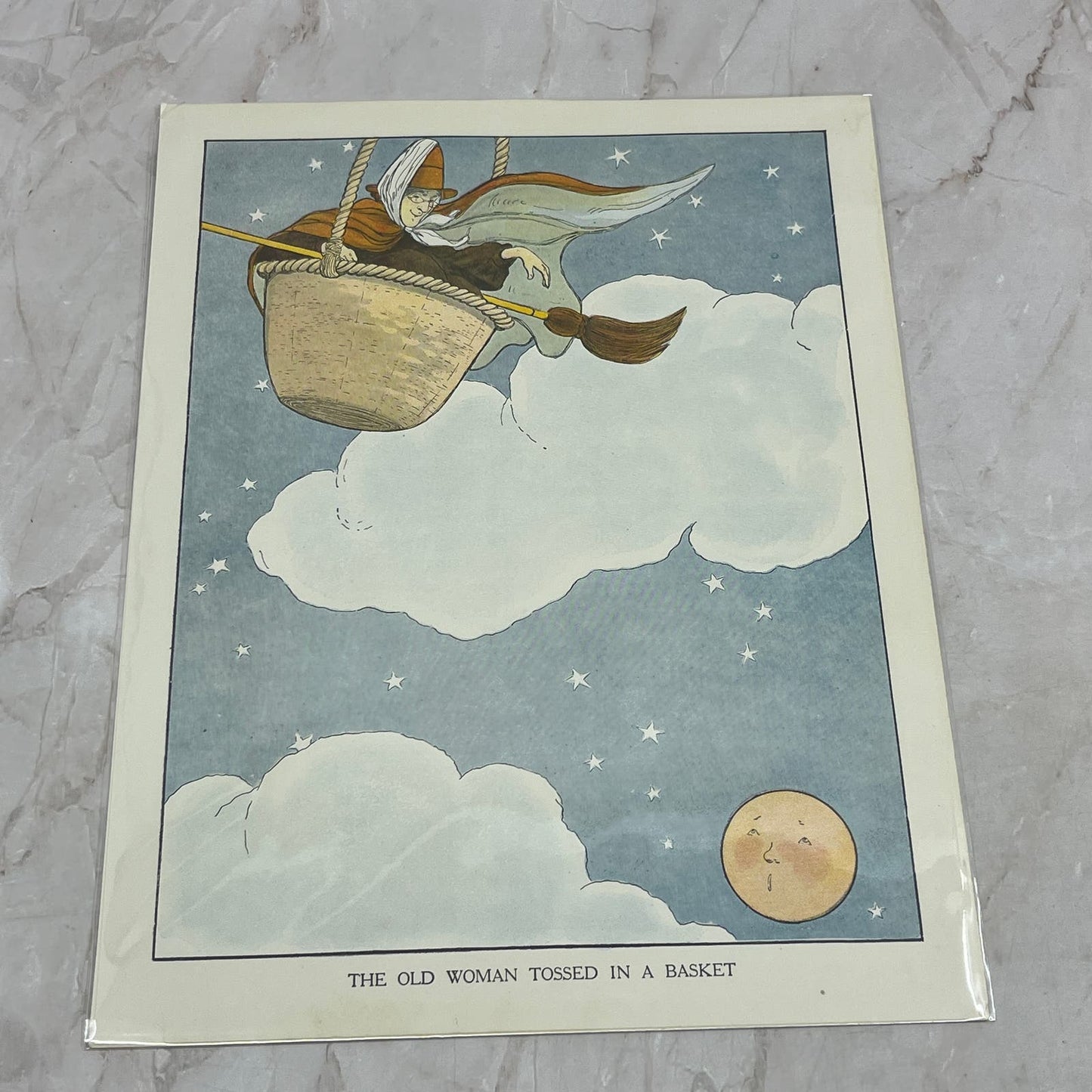 The Old Woman Tossed in a Basket Mother Goose Nursery Rhyme Vintage Print FL6-9