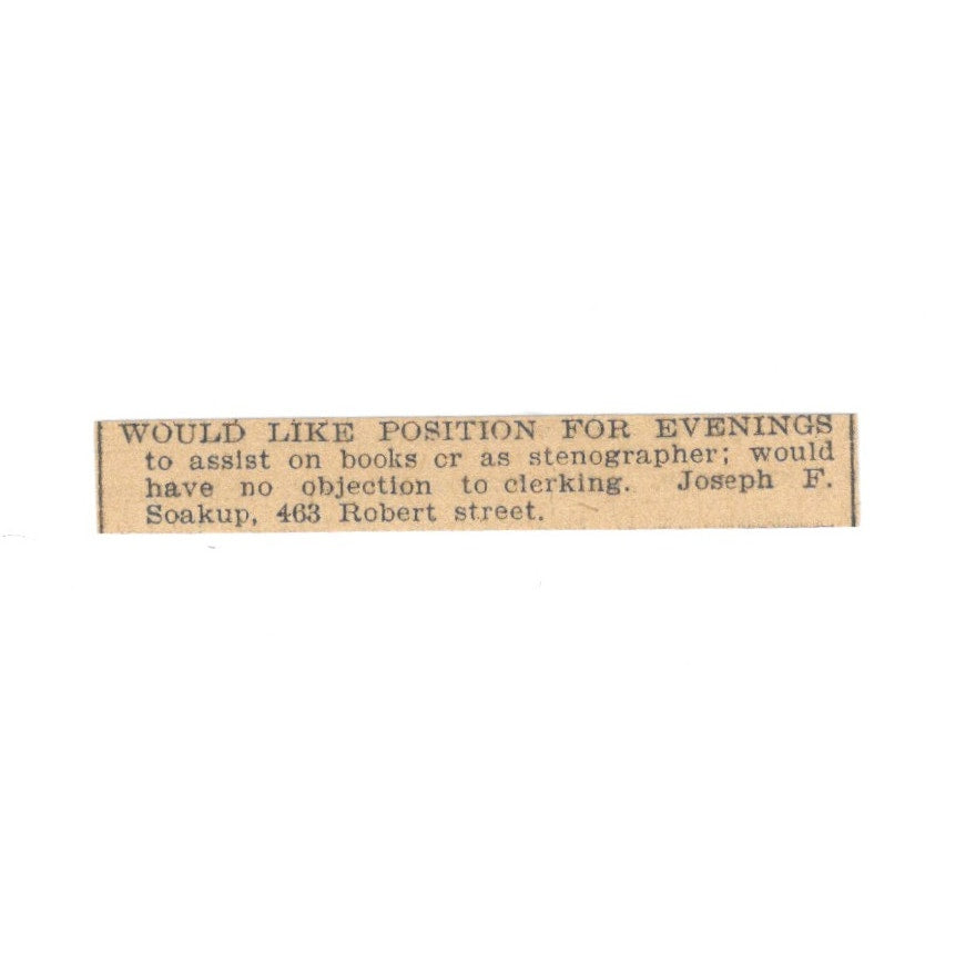 Joseph F. Soakup Robert Street Stenographer St. Paul 1898 Newspaper Ad AF2-S1