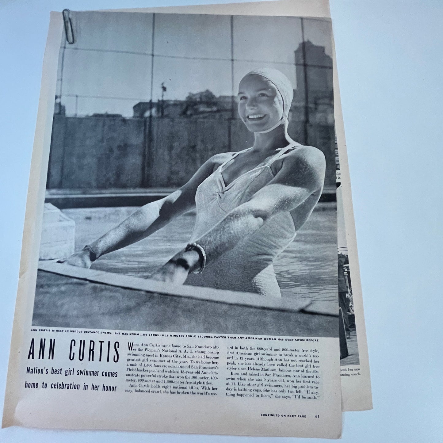 Ann Curtis Nation's Best Girl Swimmer 2 Pages 1940s WWII Era Article V30-1