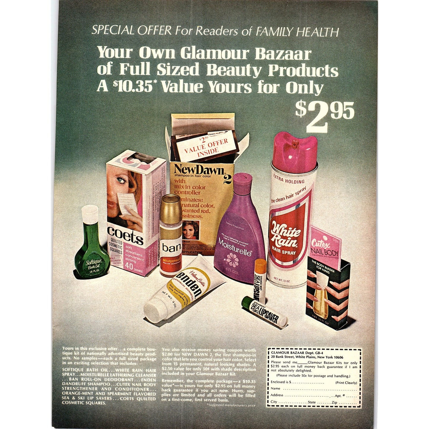 Glamour Bazaar Full Sized Beauty Products White Plains NY 1972 Ad AF3-13