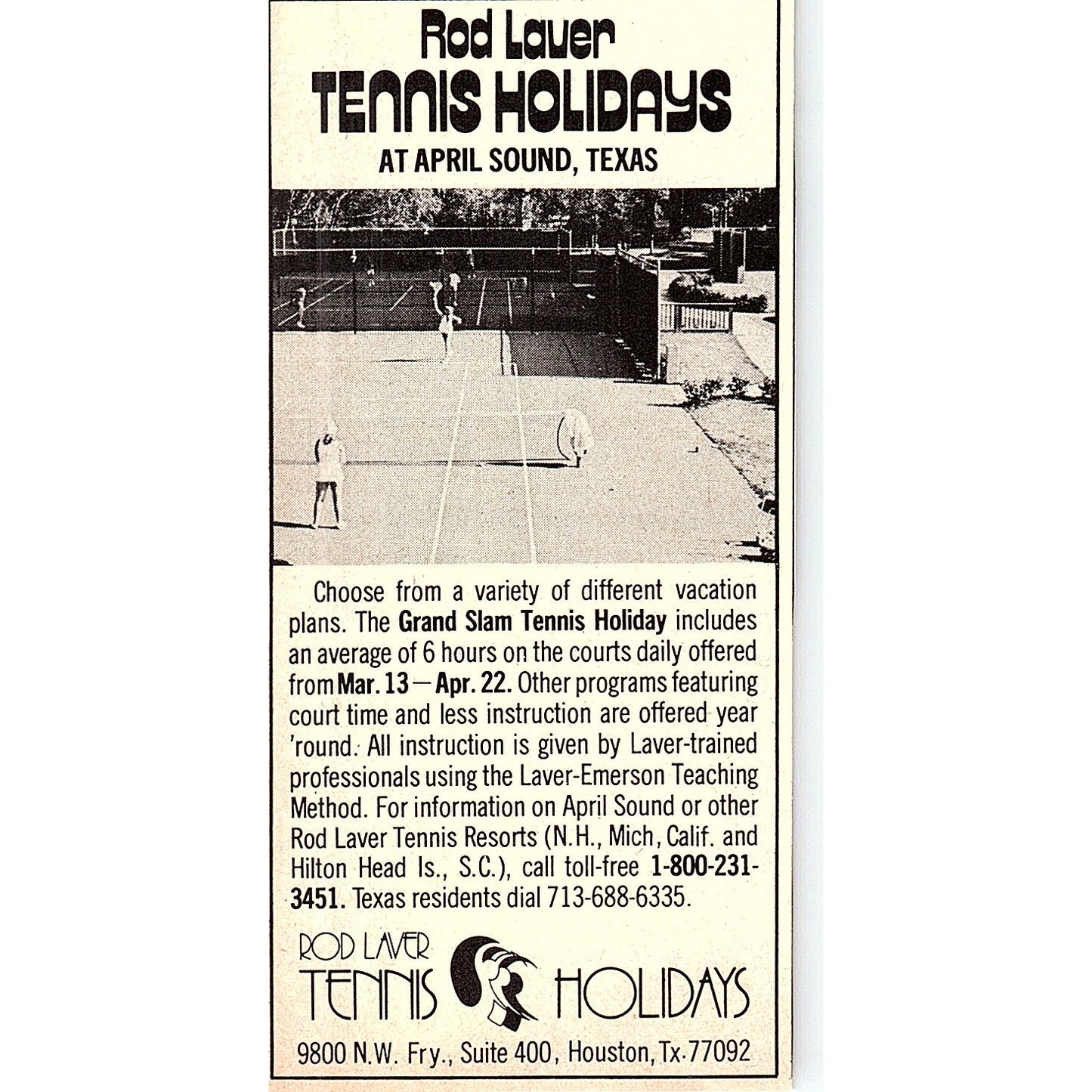Rod Laver Tennis Holidays at April Sound Texas 1977 Ad AF3-Q2