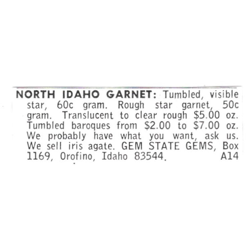 Gem State Gems North Idaho Garnet Orofino Idaho 1972 Ad AF8-S16