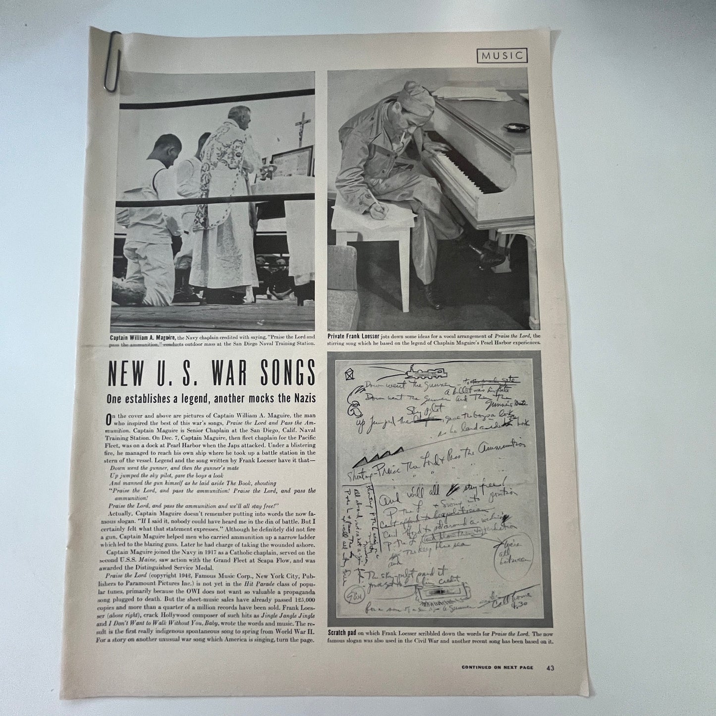 New US War Songs Capt. William A Maguire 2 Pages 1940s WWII Era Article V30-1