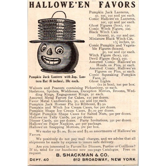 Halloween Jack Lantern Pumpkin B. Shackman & Co NY 1908 Clipping AI6-5