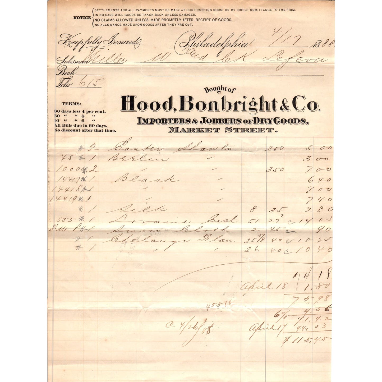 1888 Hood, Bonbright & Co Importers Philadelphia Letterhead Billhead Receipt D11