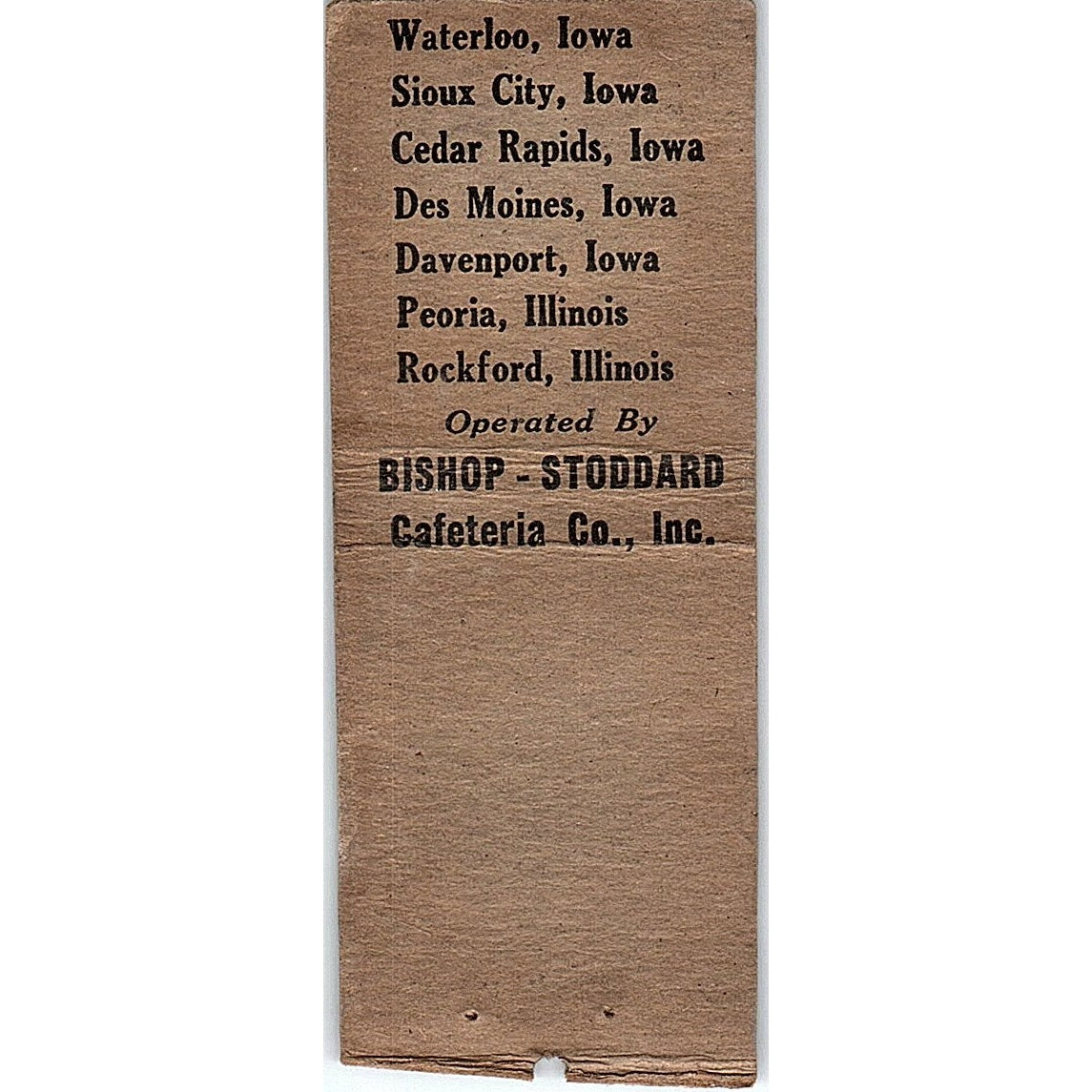 Bishop Cafeterias Bishop-Stoddard Cafeteria Co Iowa Vtg Matchbook Cover SC7-Y5