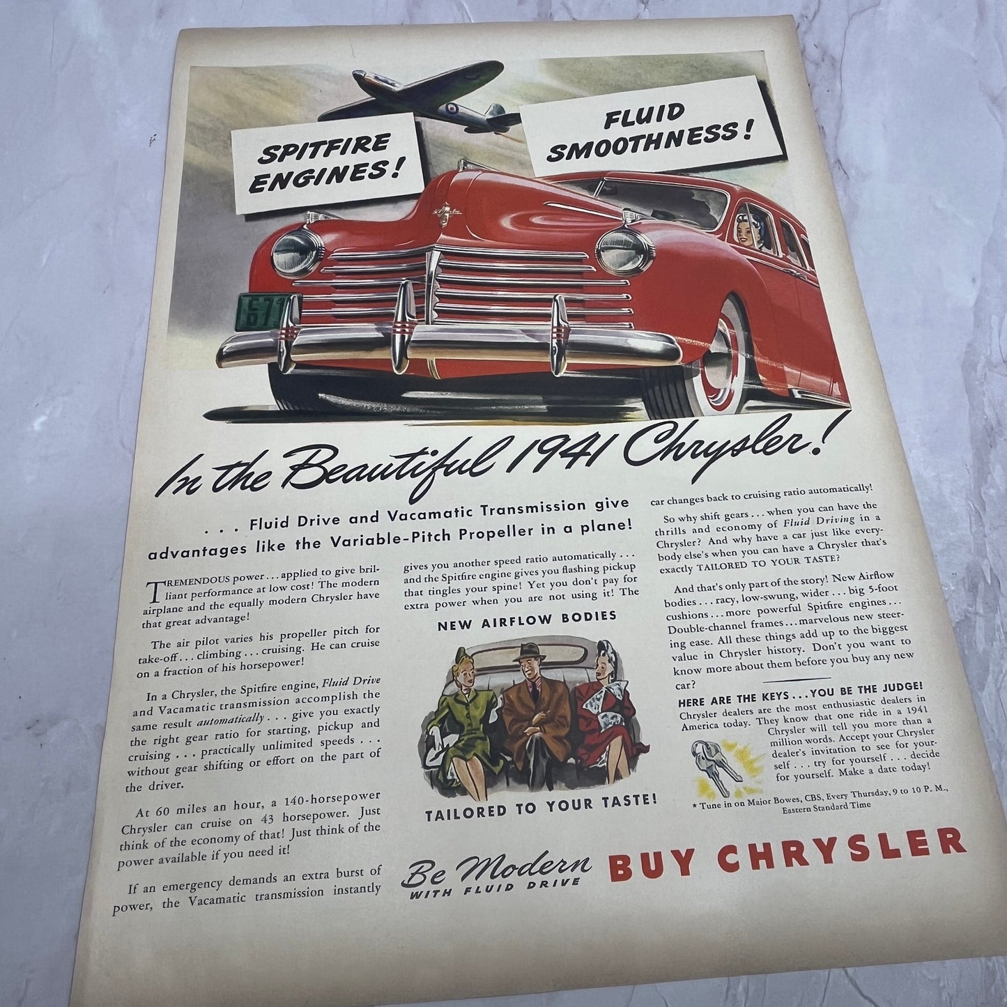 1941 Chrysler Airflow Bodies Fluid Drive Spitfire Engines 1940 Ad V14-8