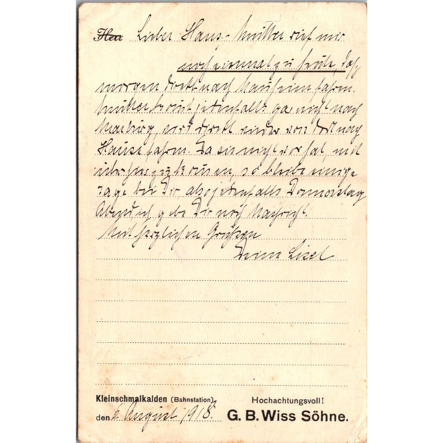 G.B. Wiss Söhne Kleinschmalkalden WWI 1918 German Reich Postcard P5-11
