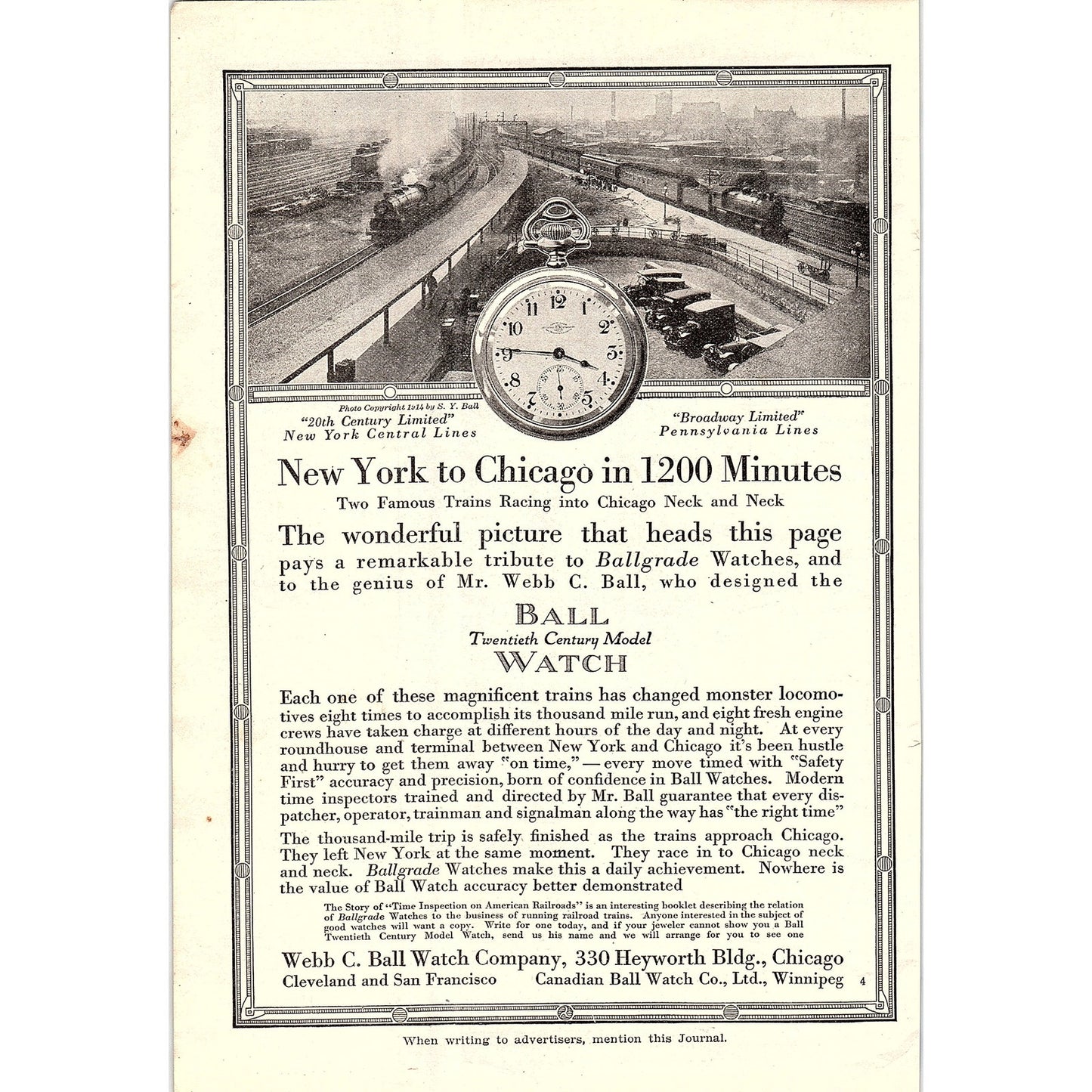 Webb C. Ball Watch Co 20th Century Ball Watch 1914 Original Ad AF3-2