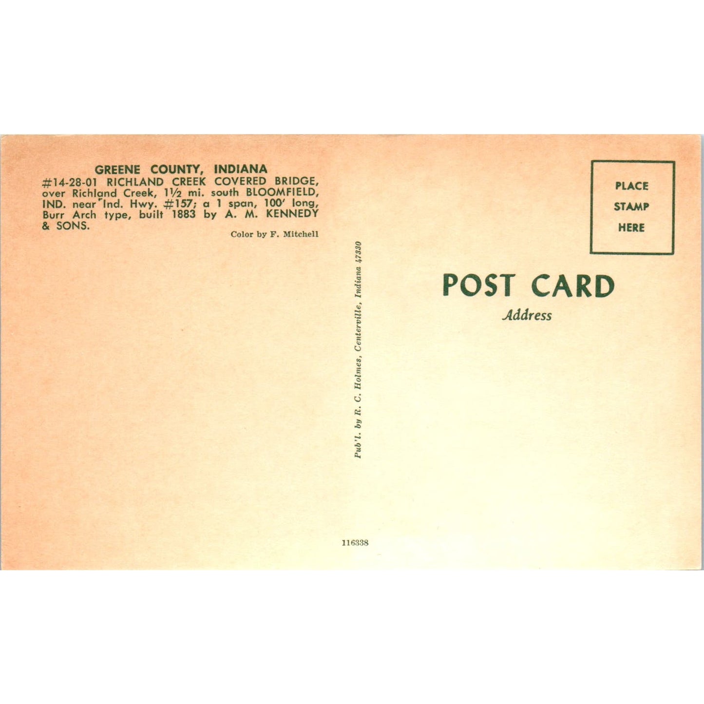 Greene County IN Richland Creek Bridge 14-28-01 Vtg Covered Bridge Postcard PD3