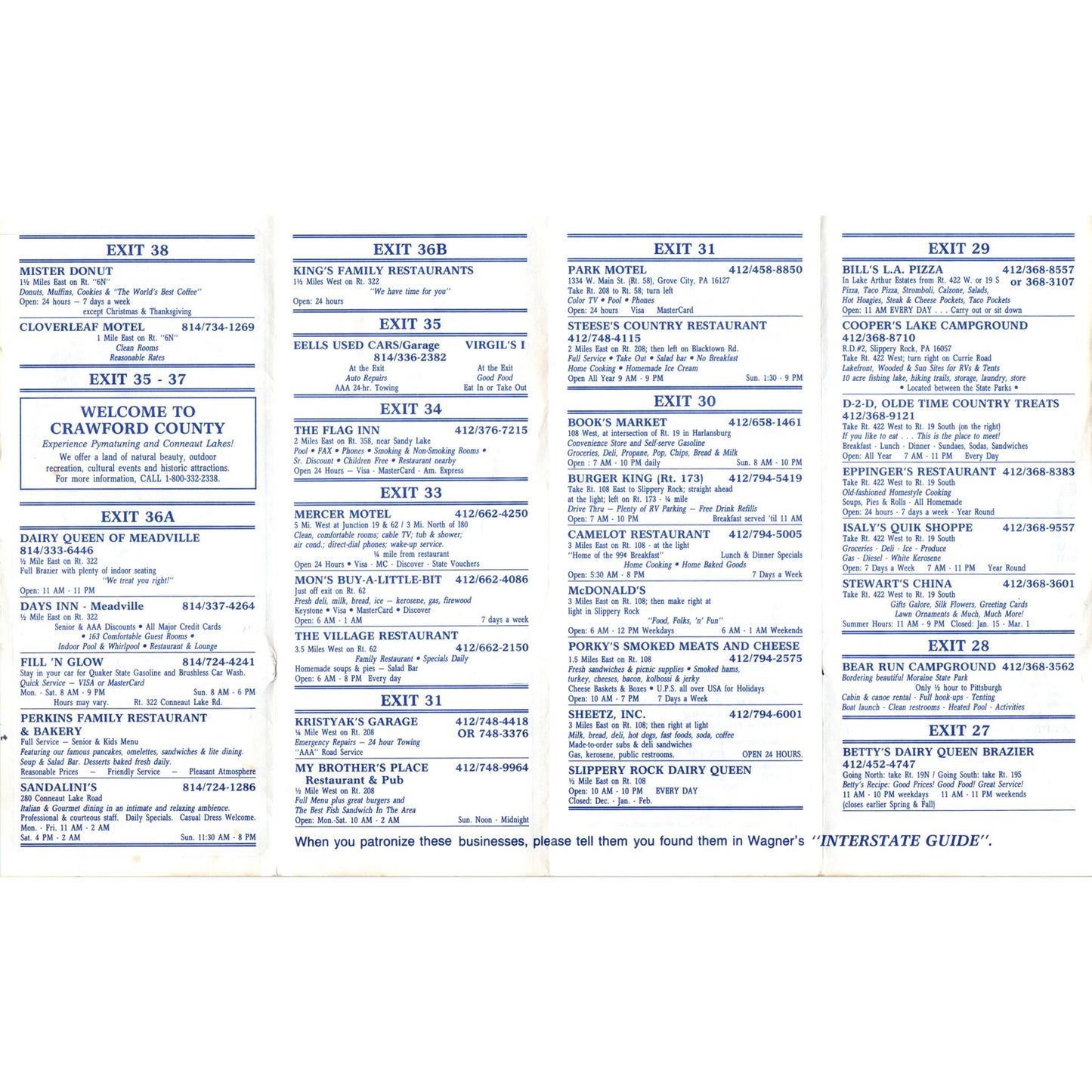 1990 Wagner's Interstate Guide I-79 Pennsylvania Travel Brochure TH2-O2