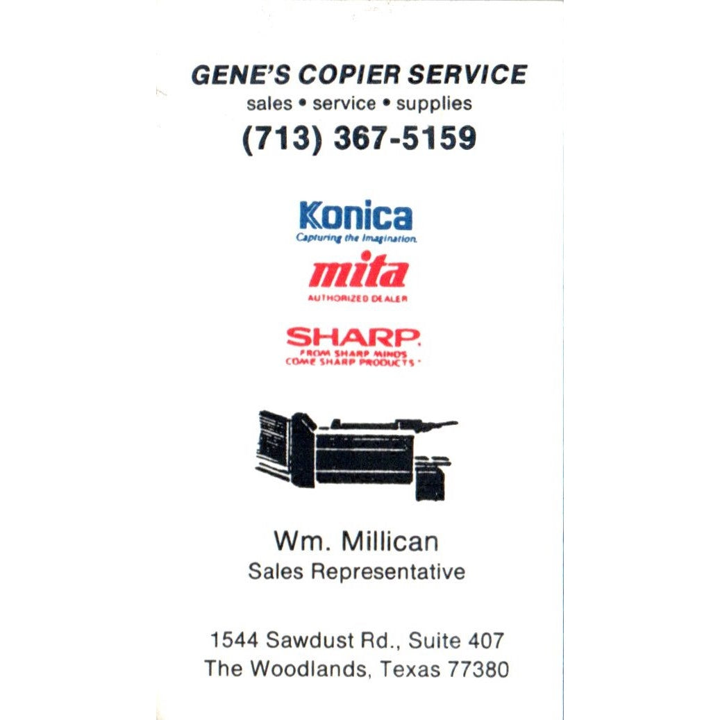 Gene's Copier Service Wm. Millican The Woodlands TX Vintage Business Card SD4-B3