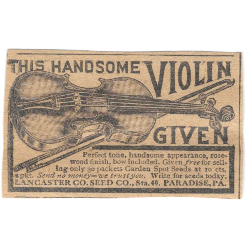 Lancaster Co Seed Co Paradise PA Free Violin Offer 1923 Magazine Ad Clip AE1-6