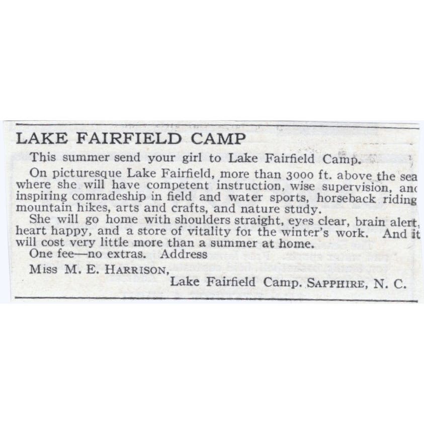 Lake Fairfield Camp M.E. Harrison Sapphire NC c1918 Advertisement AE5-SA3