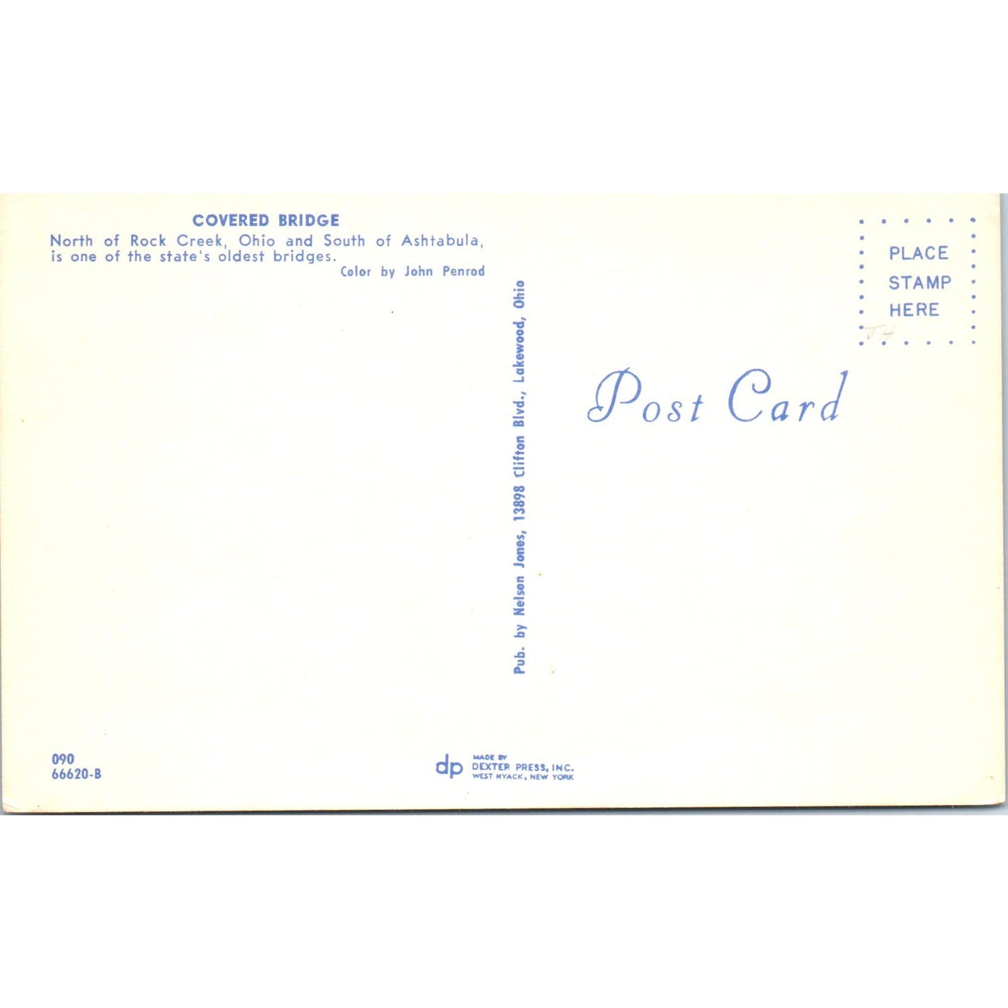 Rock Creek Ashtabula Ohio Covered Bridge Postcard PB10