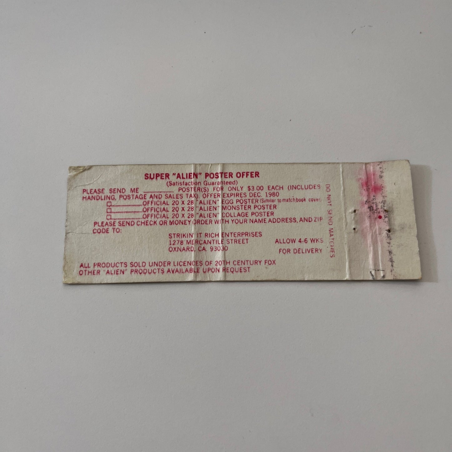 Alien Motion Picture Souvenir Vintage Matchbook Cover TB6-MB2-1